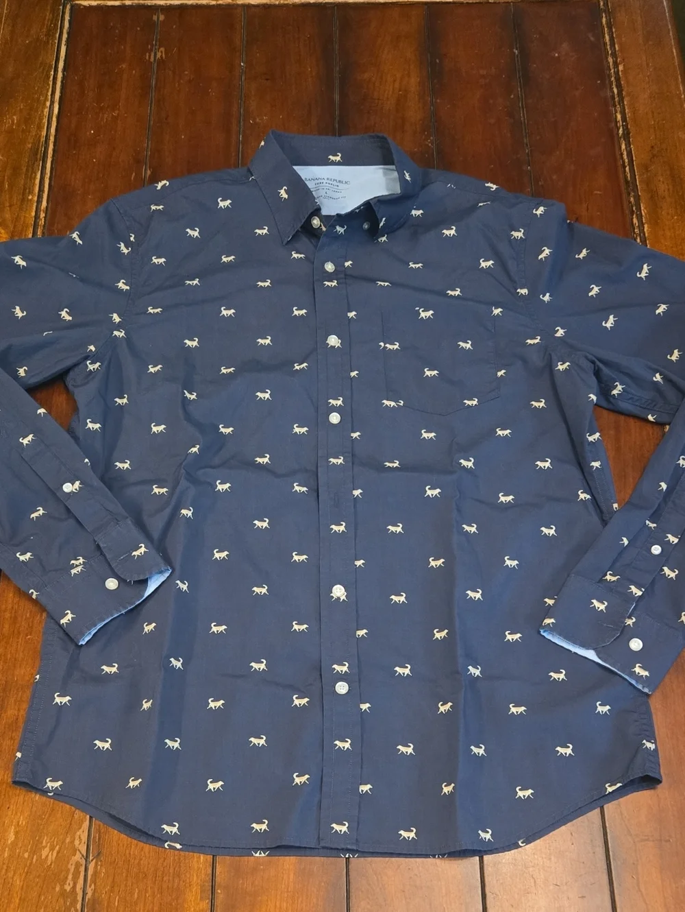 Banana Republic Navy Button-Down Shirt with Cream Dog Motif